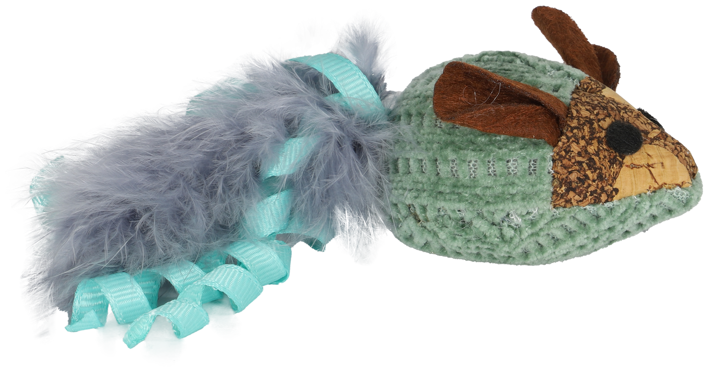 Boon kattenspeelgoed muis pluche, kurk en catnip, blauw met verenstaart, 14cm
