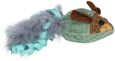 Boon kattenspeelgoed muis pluche, kurk en catnip, blauw met verenstaart, 14cm