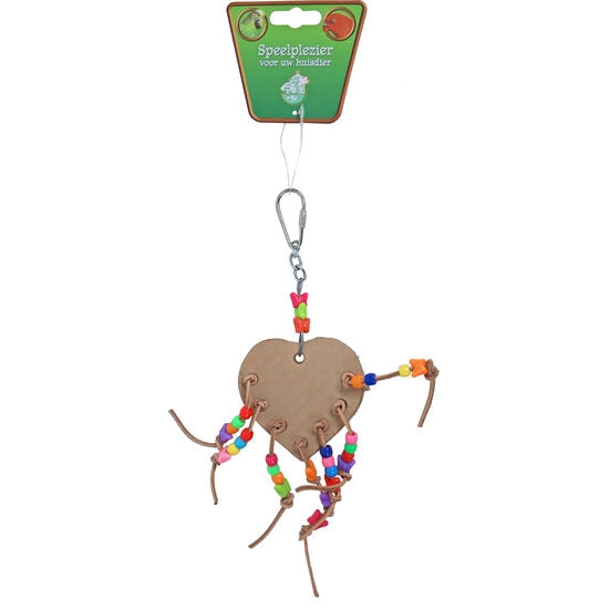 Boon vogelspeelgoed hart leer met kralen, 18cm