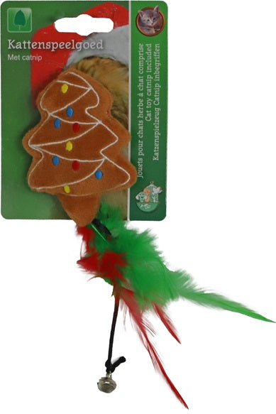 Speelgoed kerstboom met veren, bel en catnip, bruin, 12cm