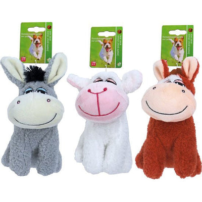 Pluche hond/ezel/koe van schapenwol 17cm