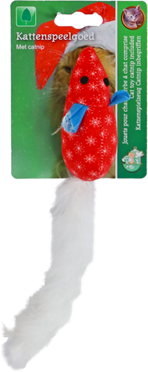 Speelgoed kerstmuis met verenstaart en catnip, rood, 9cm